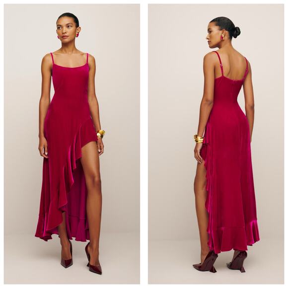 Reformation Winola Maxi Dress Size Small Rhubarb Red Velvet Ruffle Wedding - Picture 1 of 15